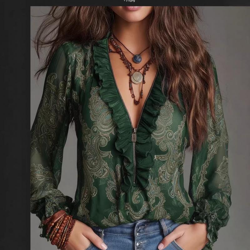 European and American deep V-neck paisley frilly print chiffon shirt top