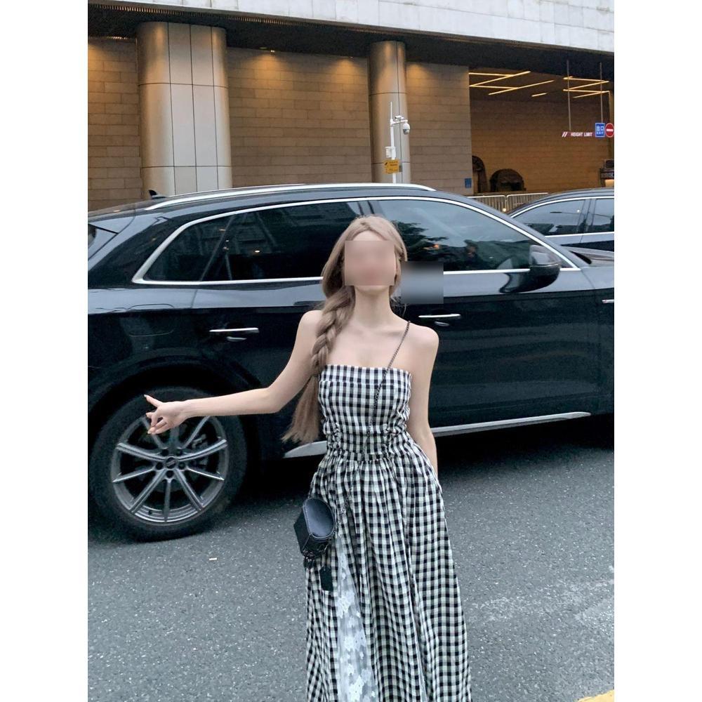 

Праздничное клетчатое платье-топ-труба с кружевной вставкой, летнее, с темпераментом, на талии, новое, тонкое, в стиле ретро, длинная юбка XL- (recommended 110-60kg)