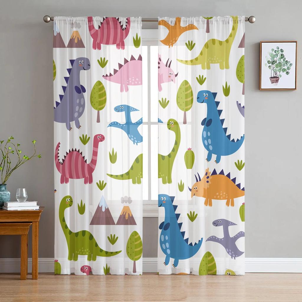 Animal Green Dinosaur Plant Tulle Sheer Window Curtains for Living Room Kitchen Children Bedroom Voile Hanging Curtain