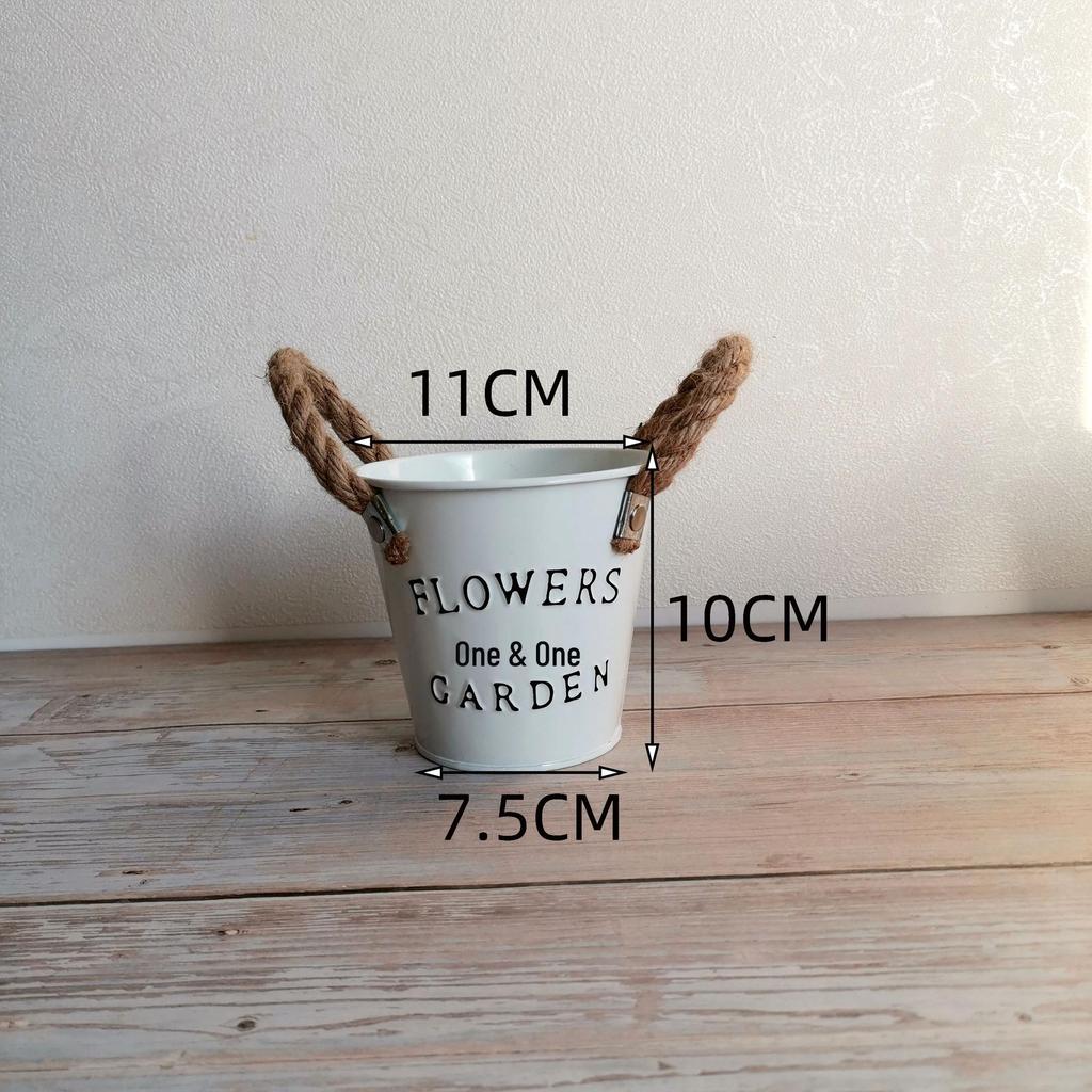 Tin Flower Pot with Hemp Rope Succulent Holder - European Pastoral Wrought Iron Bucket