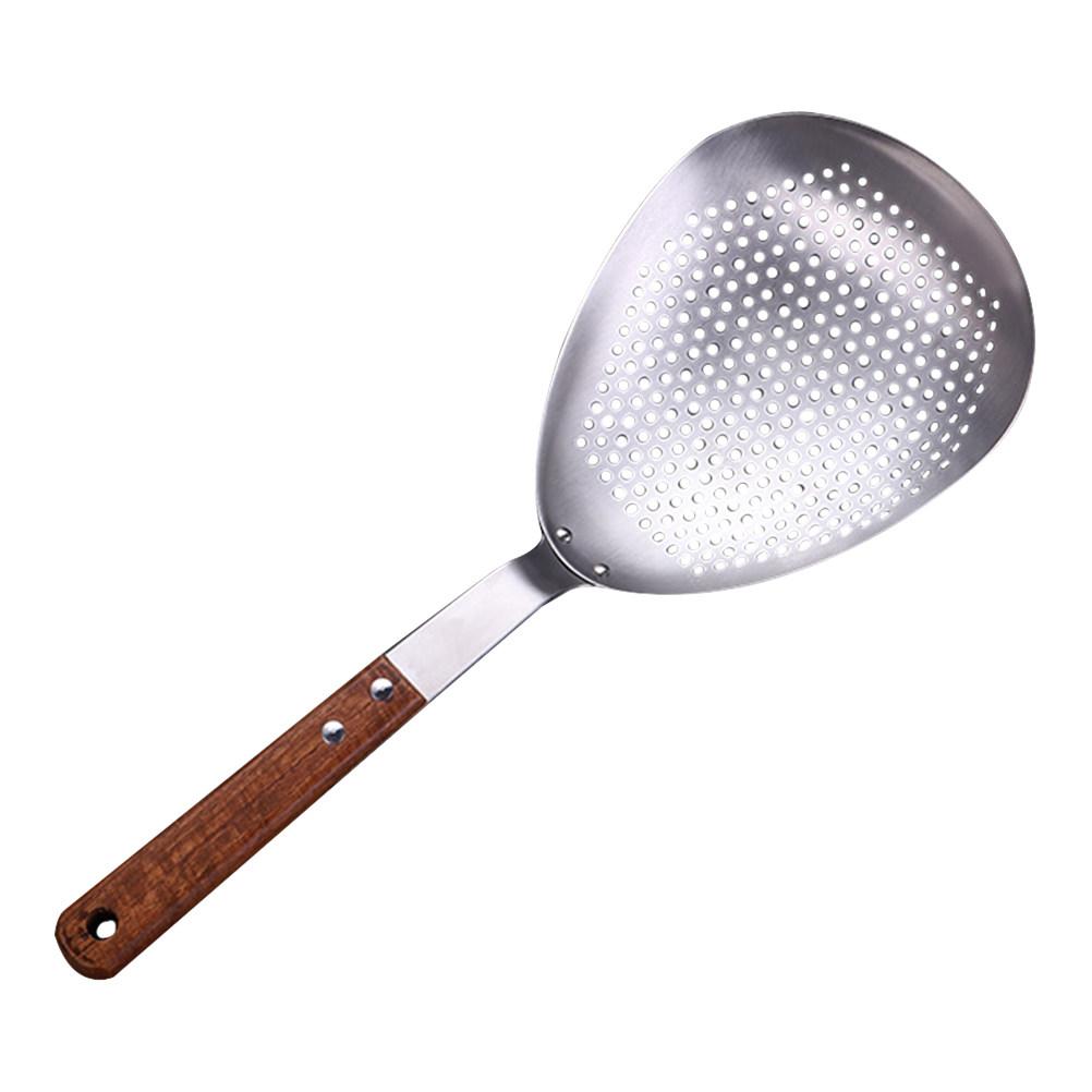 Premium Stainless Steel Slotted Spoon with Wooden Handle for Hot Pot Frying Noodles Dumplings Filtering Ladle Kitchen Colander
