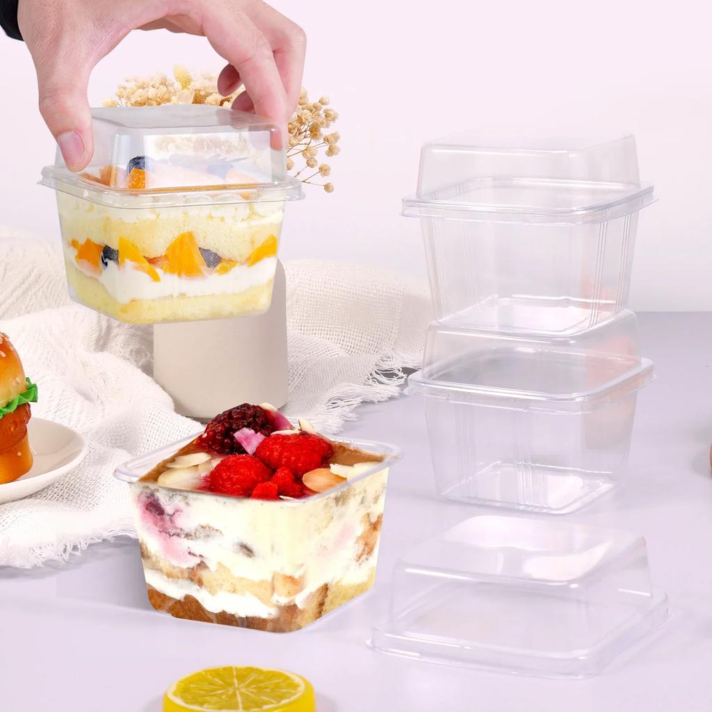 50Pcs Plastic Dessert Cups Clear Square Single Dessert Box Sealed Cake Storage Box for Muffins Cupcake Pudding Mousse Christmas