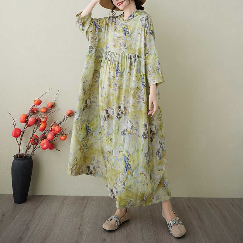 Retro Niche Gentle Wind Yarn Cotton Linen Printed Dress