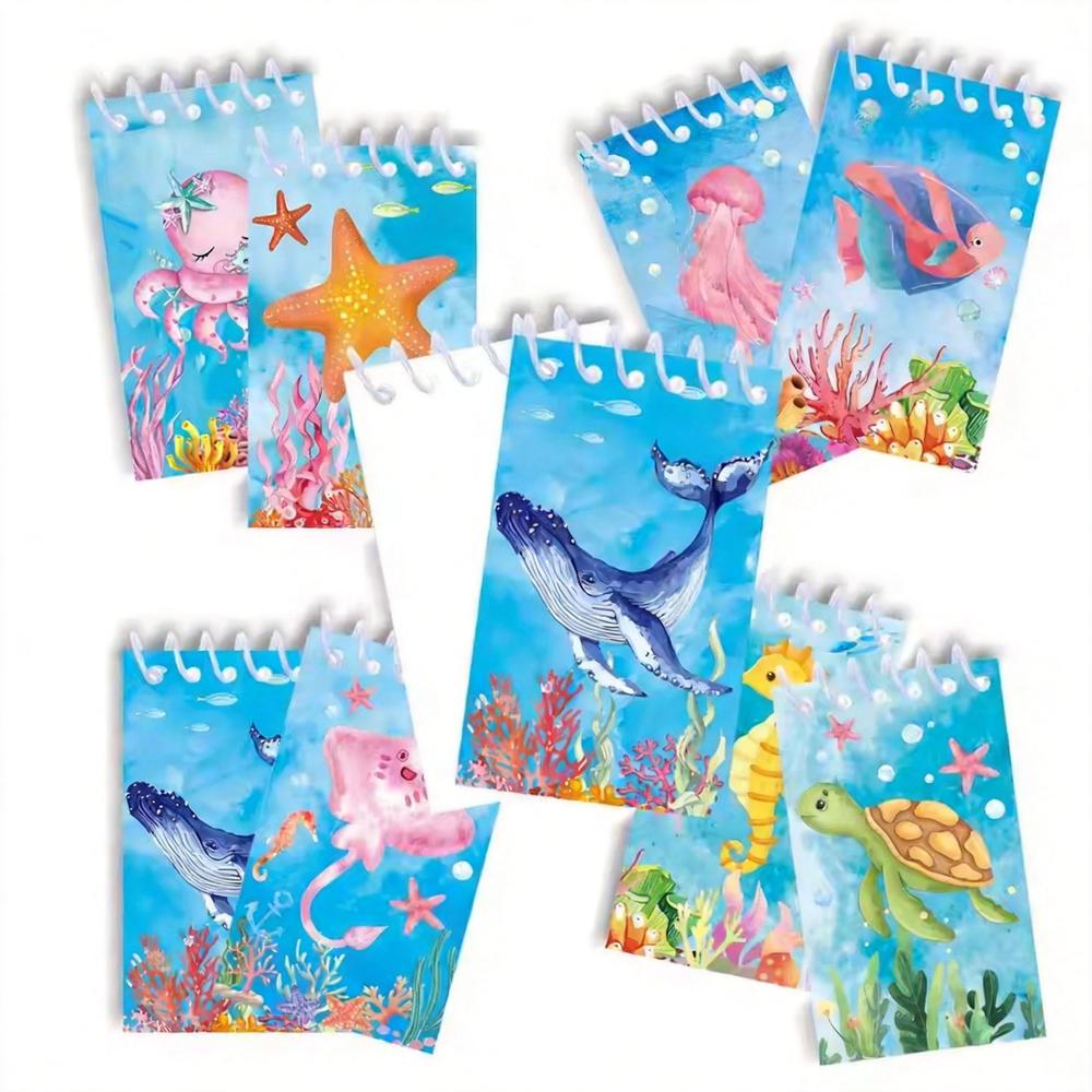 8pcs Ocean Theme Spiral Notebook Marine Life Pocket Memo Pad Portable Tear-Off Notepad Student School Office Supplies Stationery