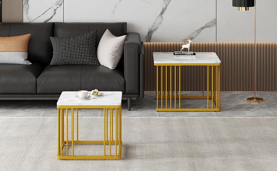 2-teiliges Set quadratische Hochglanz-Marmoroptik Kaffeetische, Stapeltische mit goldenen Beinen, 60*60*45cm und 45*45*40cm, Vielseitig