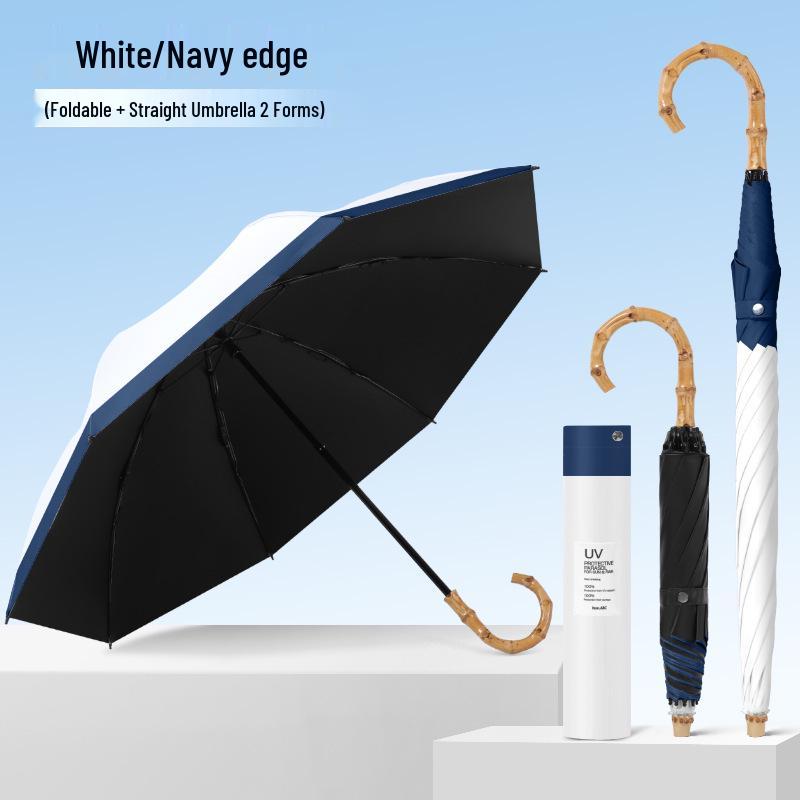 Bamboo Handle Two-Fold Umbrella - Lightweight Black UV Protection and Sunscreen Parasol