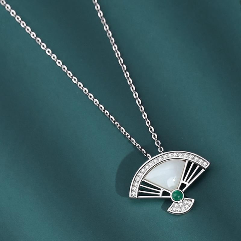 

Hetian Jade Pendant Folding Fan Necklace - Retro Ethnic Clavicle Chain for Women Sterling Silver (925)