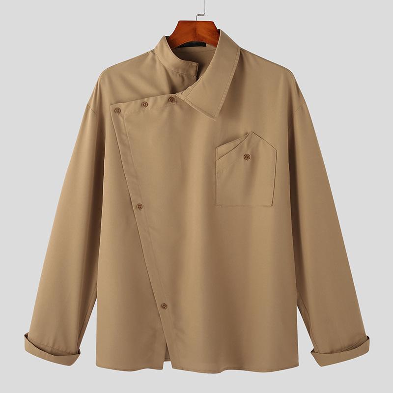Men's Spring and Autumn Four Seasons Models Plus Size Solid Colour Irregular Lapel Shirt Buckle Long Sleeved Shirt