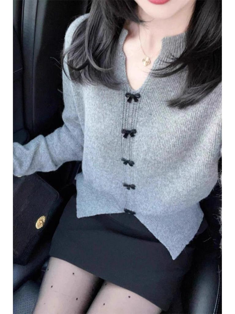 Damen Chic Französisches Grau V-Ausschnitt Schleife Strickpullover - Kleiner Duft Stil für Herbst und Frühling