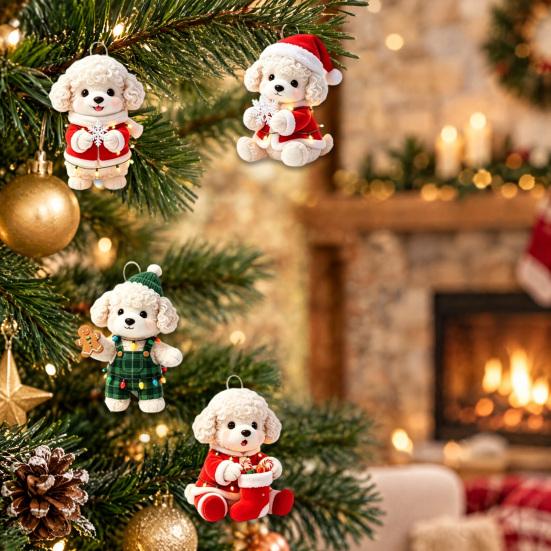 Festive Home Hanging Decor Christmas Dog Wooden Ornament, 2D Cartoon Puppy Ornaments with String, Holiday Tree Party Decoration Animal