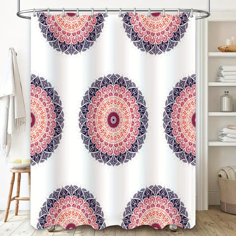 6-Piece Mandala Shower Curtain Set Boho Decor Bath Curtains With Rod And Rings (Pink Navy Blue) [B201]