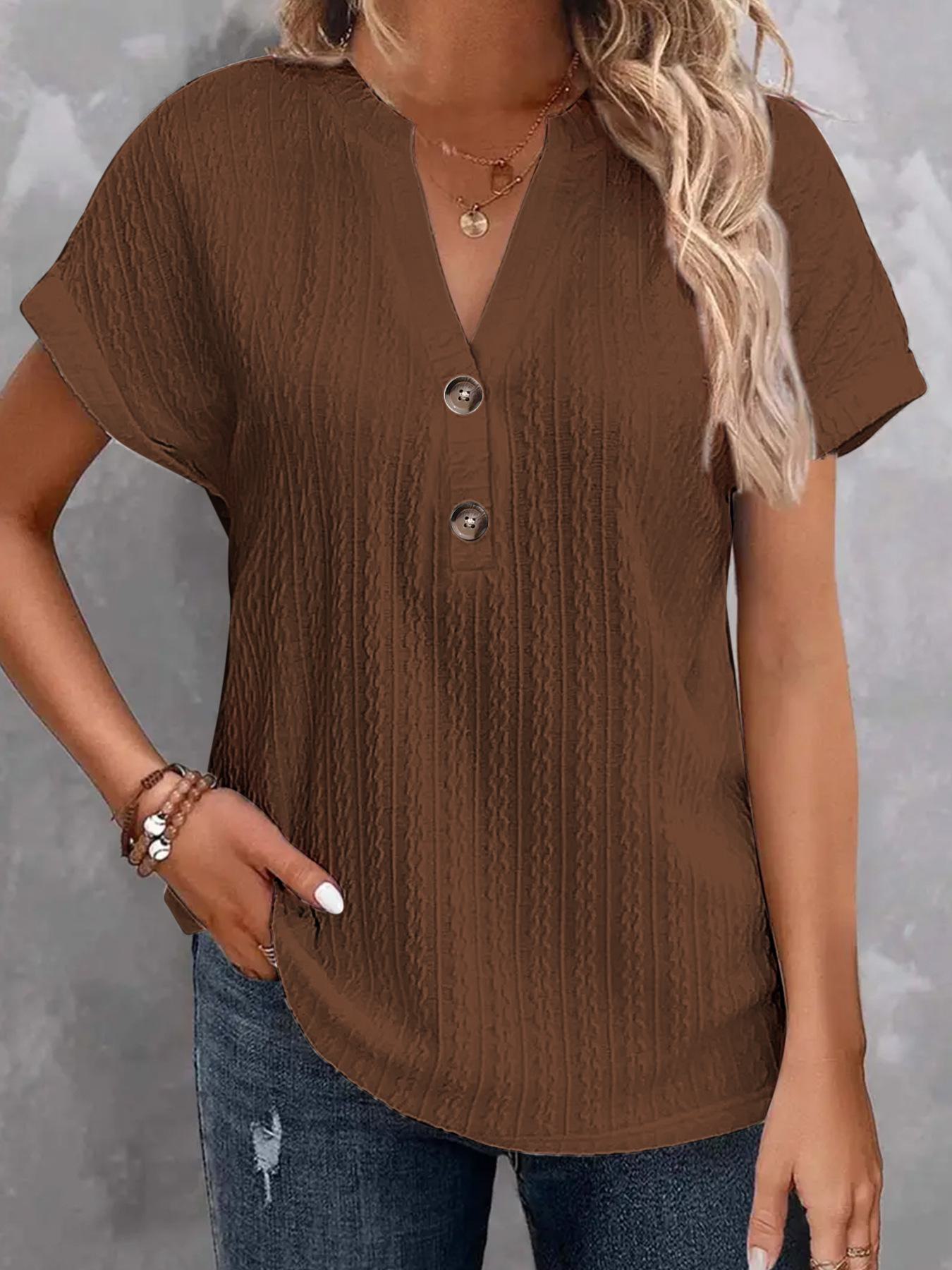 

Новая женская модная повседневная однотонная футболка с V-образным вырезом для европейского и американского рынков весна/лето 2024 года. XXL темно-коричневого