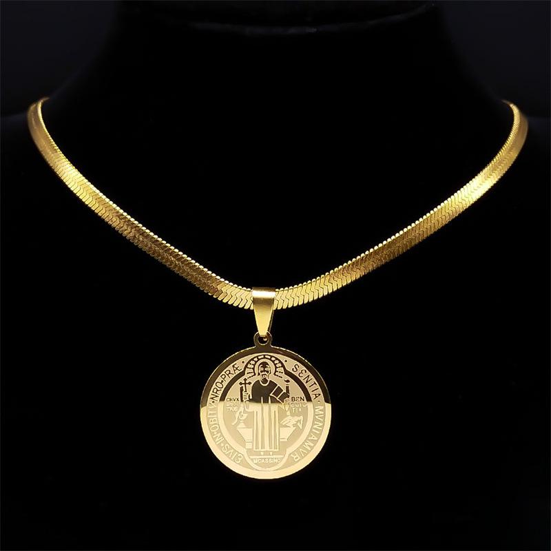 Men's Stainless Steel Saint Benedict Pendant with Hip Hop Snake Chain Necklace