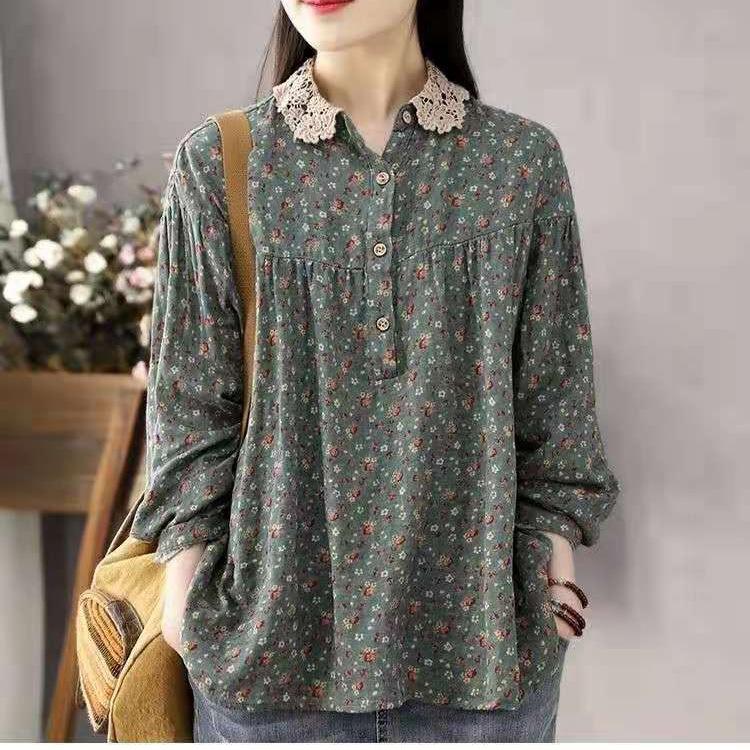 Female Spring and Fall Loose Long-sleeved Literary Shirt Floral Lace Edge Blouse