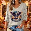 Women's V-Neck Casual Halloween Print Three-Quarter Sleeve Top