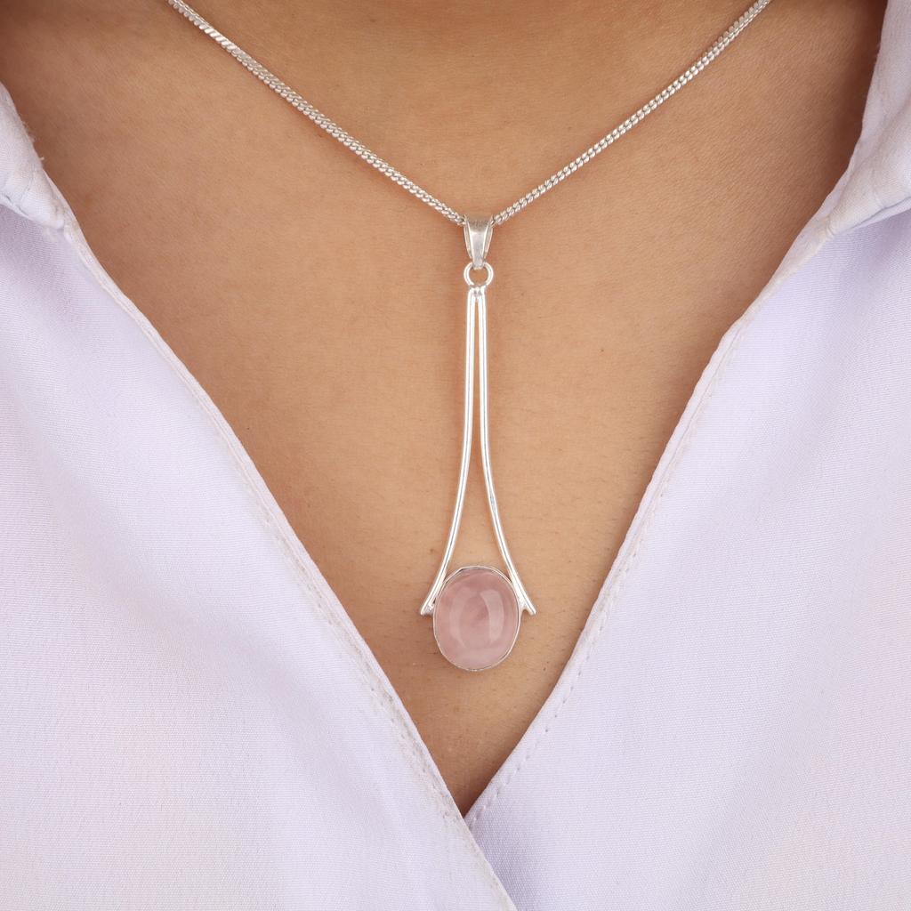 Natural Rose Quartz Gemstone 925 Sterling Silver Handcrafted Jewelry Partywear Pendant 1.79" PP-69-31