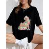 Floral Cat Print Oversized T-Shirt White Flower Animal Design For Casual Wear And Everyday Style