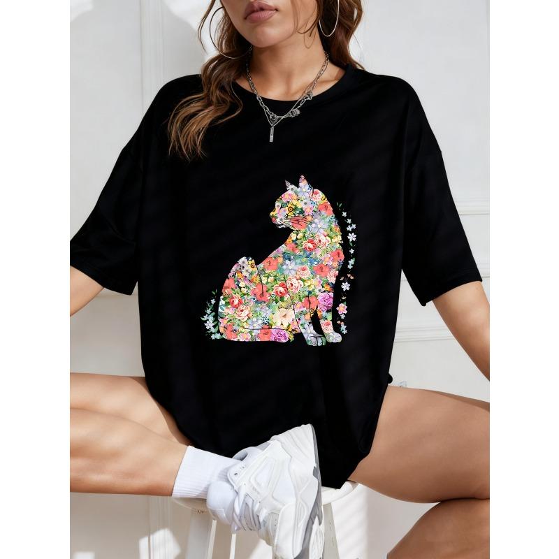 Floral Cat Print Oversized T-Shirt White Flower Animal Design For Casual Wear And Everyday Style