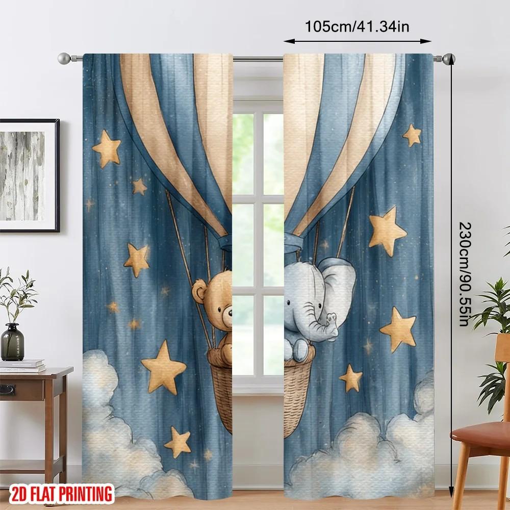 Blackout Starry Hot Air Balloon Print Curtain Polyester Nursery Decor Kids Room Window Treatment Set Of 2 Made With Rod Pocket Washable Ready