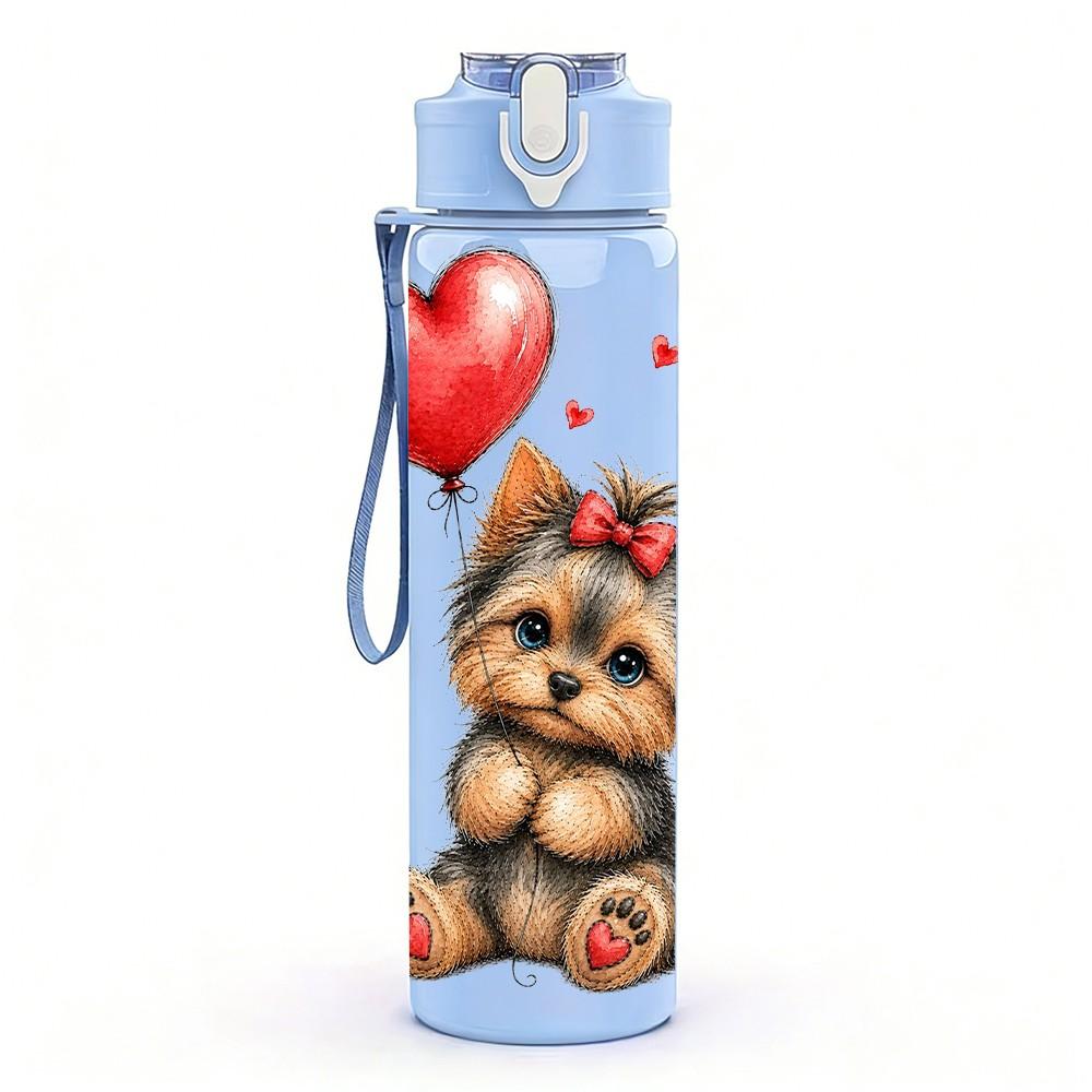 1PC Lovely Puppy Red Heart Art 750ml Color Plastic Sports Water Bottle Leakproof Flip Straw Lid Suitable for Sports Office Home Use