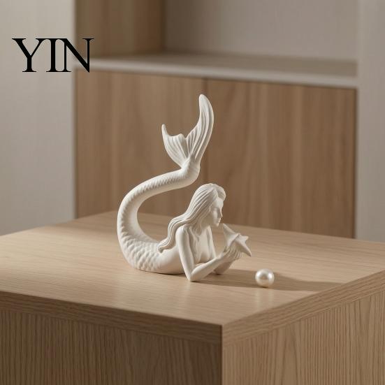 Handmade PLA Sculpture 3D Printed Mermaid & Starfish Figurine, Exquisite Sculpture, Ocean DIY White Craft Statues Theme Desktop Ornament for