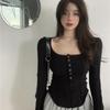2KWEIRD Women Sexy Square Neck T-shirt Autumn Chic Button Long Sleeve Slim Fit Crop Top Y2K Femme Slim Skinny Tshirt Women Basic Tops
