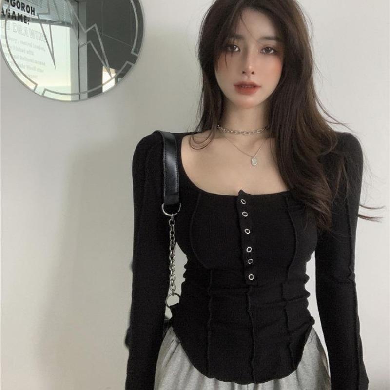 2KWEIRD Women Sexy Square Neck T-shirt Autumn Chic Button Long Sleeve Slim Fit Crop Top Y2K Femme Slim Skinny Tshirt Women Basic Tops