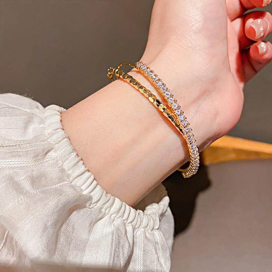 Geometric Zircon Metal Open Cuff Bracelet With Sparkling Stones For Women Fashion Jewelry