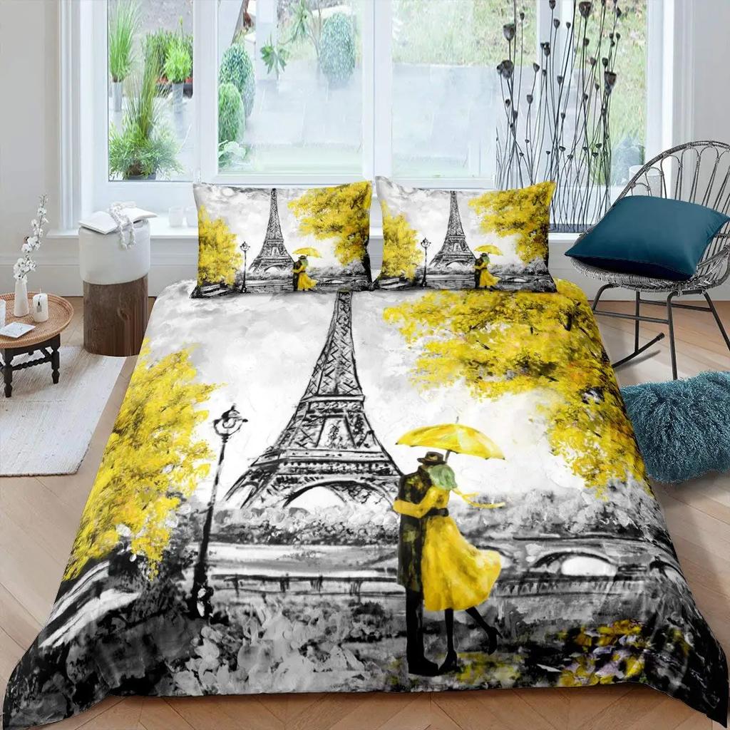 Housse de Couette Tour Eiffel Romantique Moderne Bâtiment de Ville de Paris Rouge et Bleu Housse de Couette pour Couple Accessoires Décor pour Adolescente