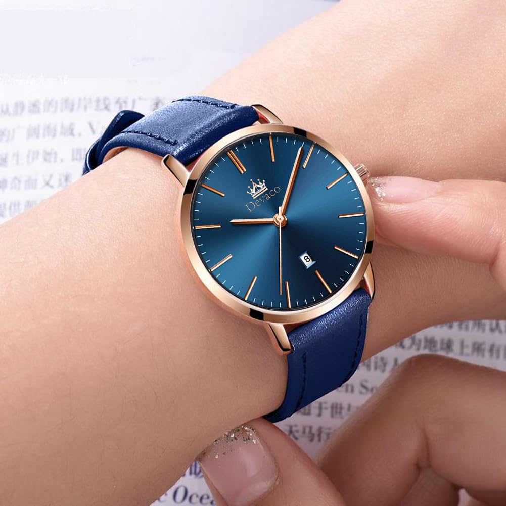 Women's Watch blue stylish waterproof ultra-thin leather strap analog simple dial easy-to-read fashion thin high school student watch for women