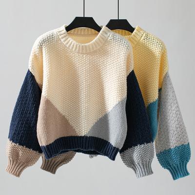 Women's Sweater Fall/winter Pullover Crewneck Knit Long-sleeved Contrast Chunky Sweater
