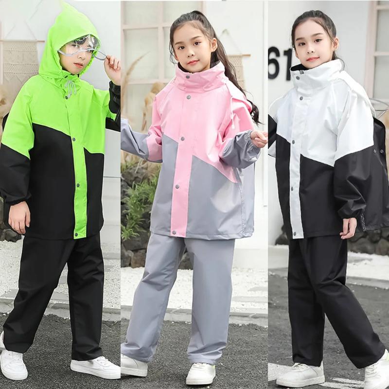 Kids Waterproof Suit Hooded Raincoat Jacket Trousers Set Puddle Suit Zip Boys Girls