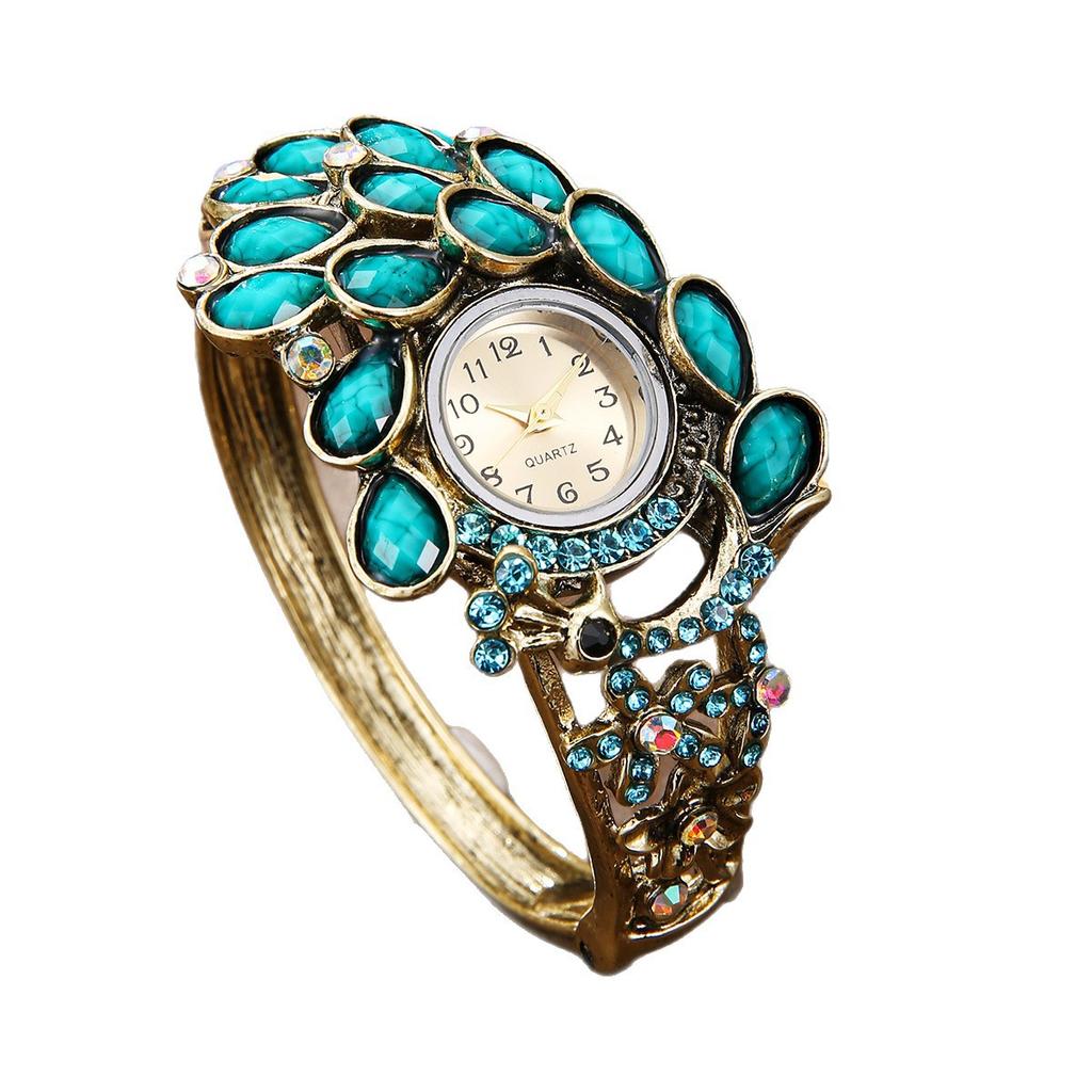 Rhinestone Peacock Hollow Out Bangle Wristwatch Women Quartz Watch