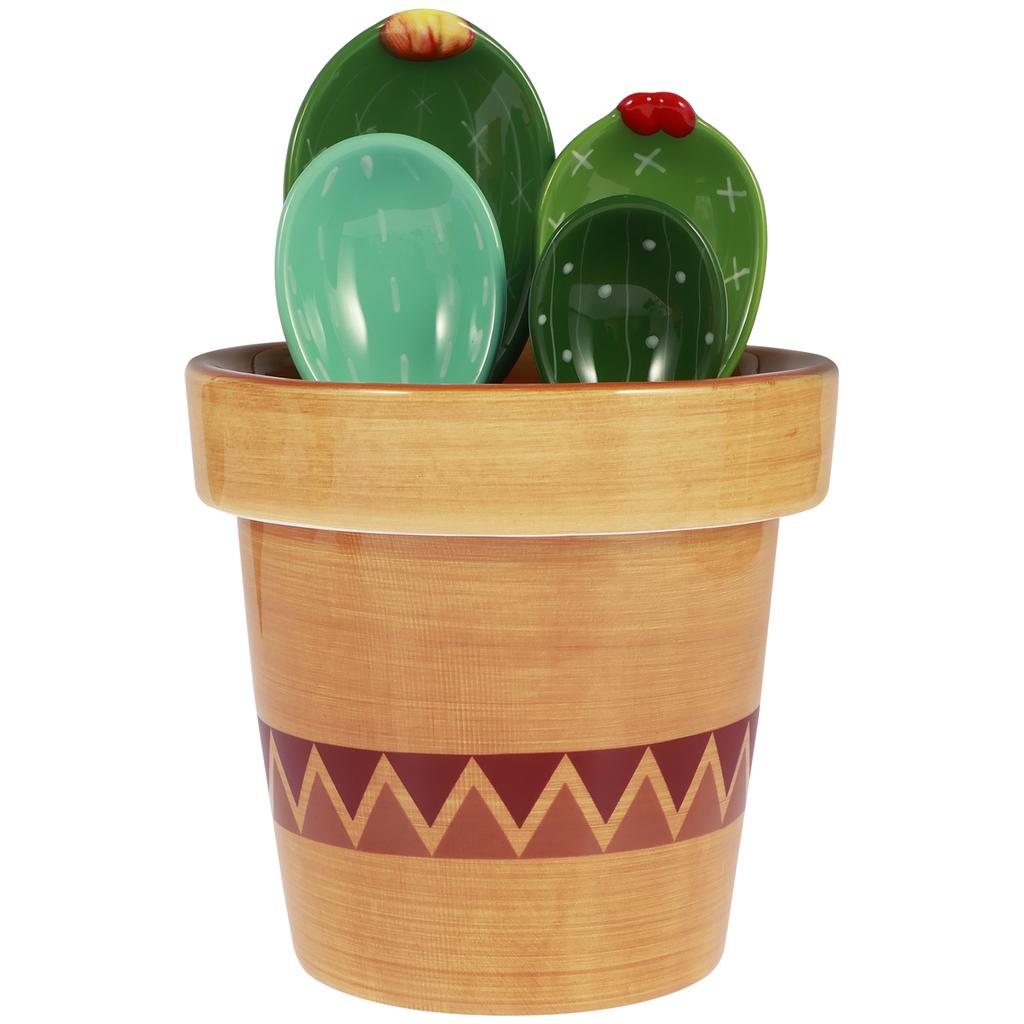 4 Pcs Porcelain Measuring Spoons Set with Base Cute Cactus Shape Stirring Soup Spoon Reusable Ceramic Flower Pot Measuring Spoon