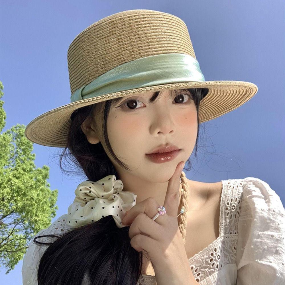 French Style Straw Woven Hat Elegant Women's Sun Hat Simple Beach Flat Top Hat  Seaside