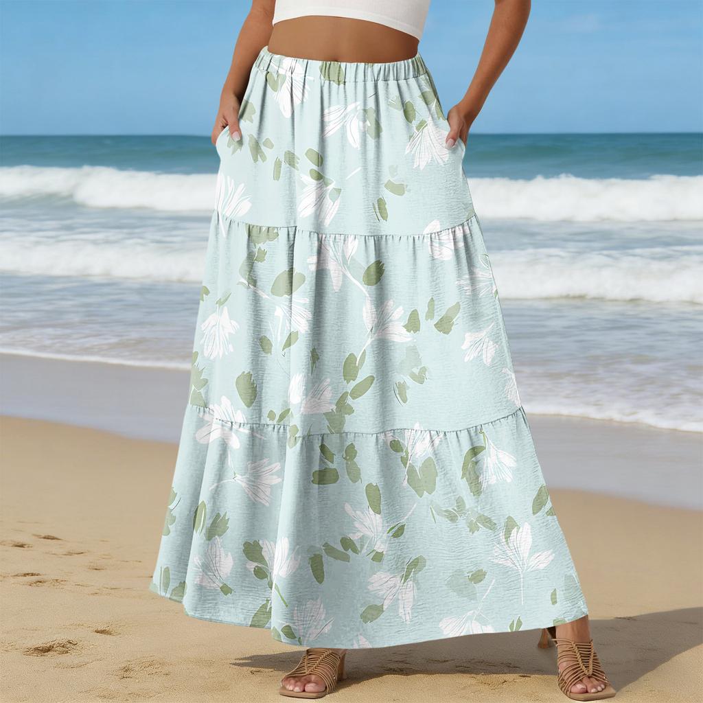 Women's Casual High Waist Drawstring A-line Skirt Color Skirt With Pockets