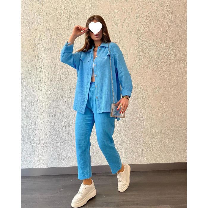 2024 Plus Size Women's Casual Crepe Loose Lapel Long Sleeve Shirt Set - European & American Style