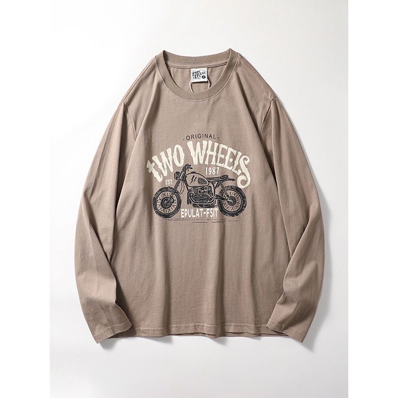 Trendy Retro Cotton Print Long-Sleeved T-shirt Motorcycle Khaki Green 2XL