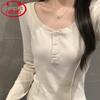 Langsha Women's Slim-Fit Long Sleeve Crew Neck Button Tee