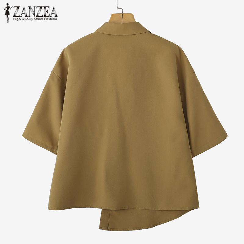 ZANZEA Damen Bluse mit Umlegekragen und kurzen Ärmeln, unregelmäßigem Saum und lässigem Print