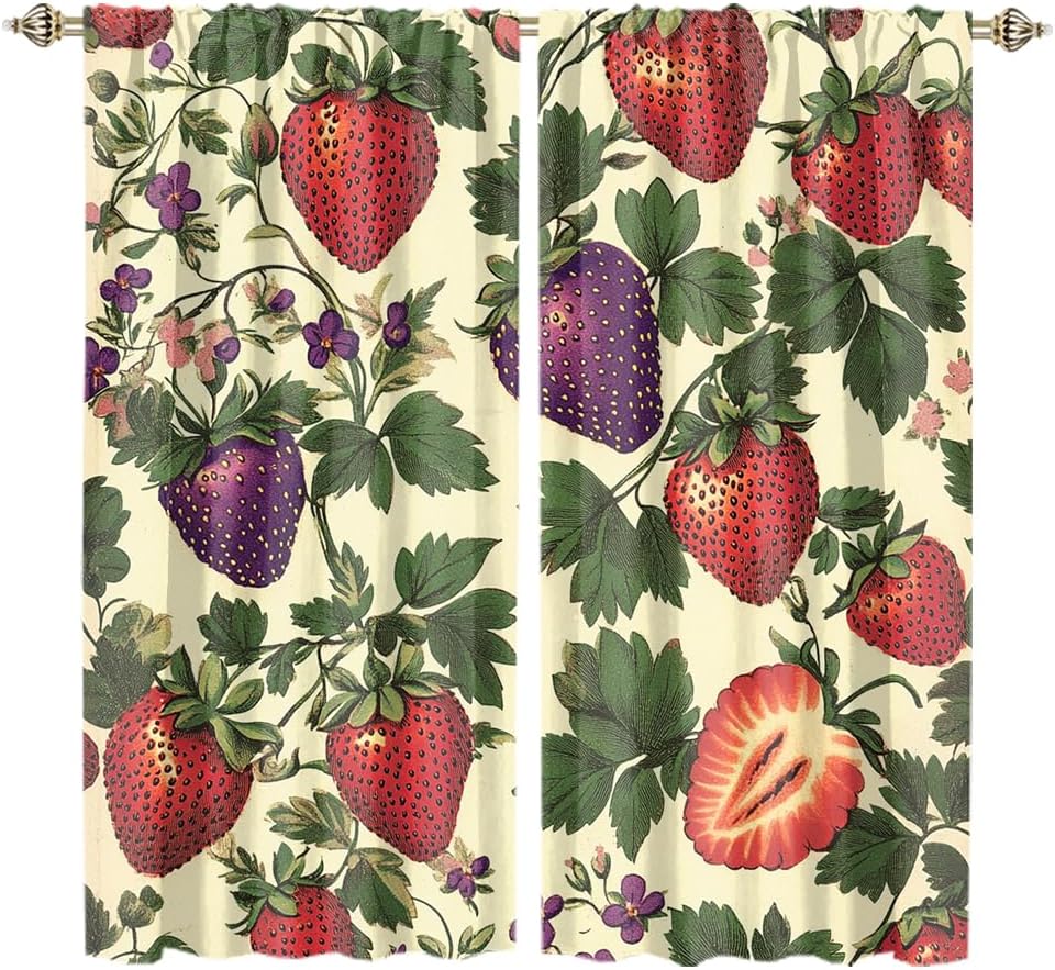Cartoon Strawberries Curtains Bedroom,Vintage Tropical Fruit Strawberries Pattern Thermal Insulated Darkening Pocket Curtains