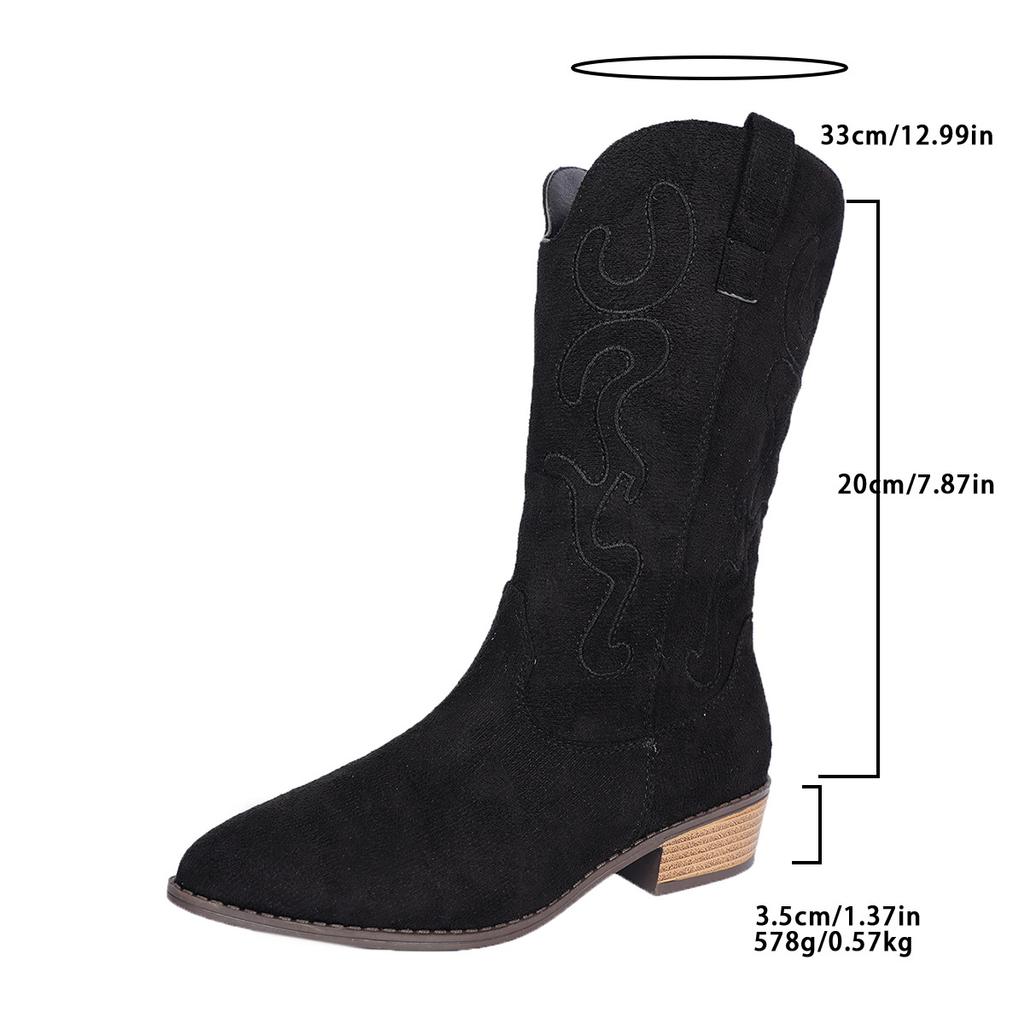 British Style Suede Pointed Toe Low-heeled Knight Boots for Winter 2025 New Plus-size Embroidered Sleeve Mid-leg Boots