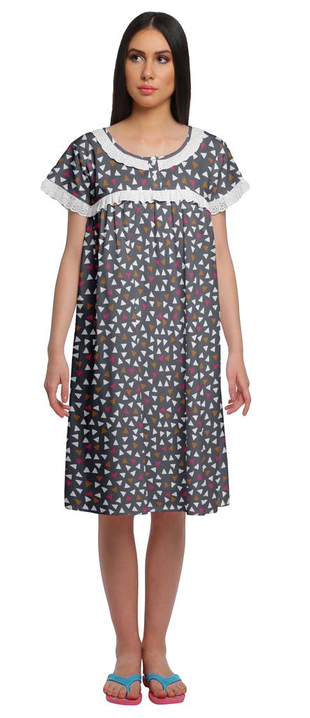 Moomaya Printed Short Sleeve Knee Length Nightdress Round Neck Sleepwear