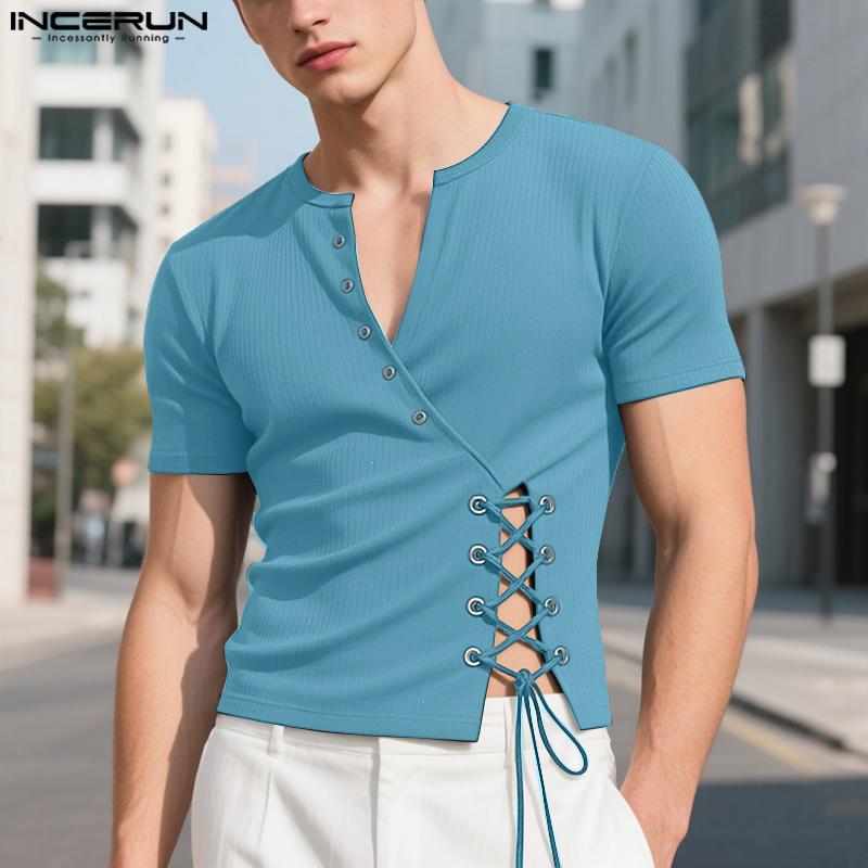 INCERUN Men V Neck Short Sleeve Bandage Rib Casual Fitted Short T-shirts Tops