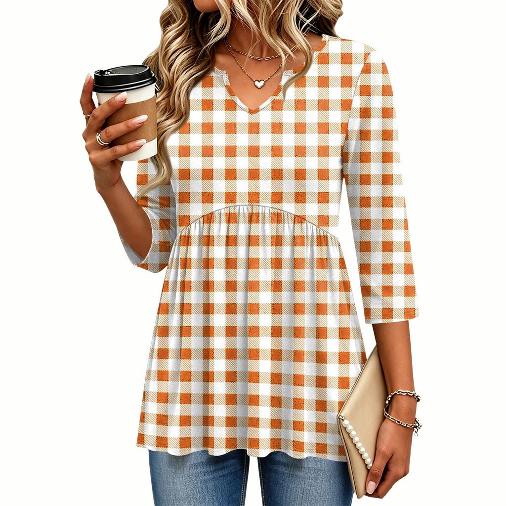 Women's Casual Plaid Print V-Neck Blouse with Three-Quarter Sleeves for Everyday Outfits