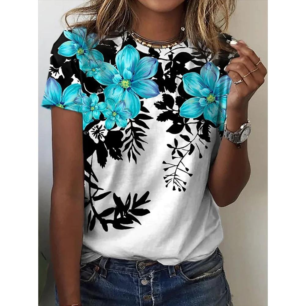 Flower Print t-shirt Women 3d flower Printing O-neck T-shirt Fashion Y2k Clothes Summer Oversized y2k Tshirt Women Clothing TOPS