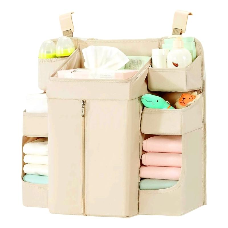 Baby Crib Hanging Organizers 6 Compartments Large Zippered Pocket Durable Fabric Nursery Storage Solution