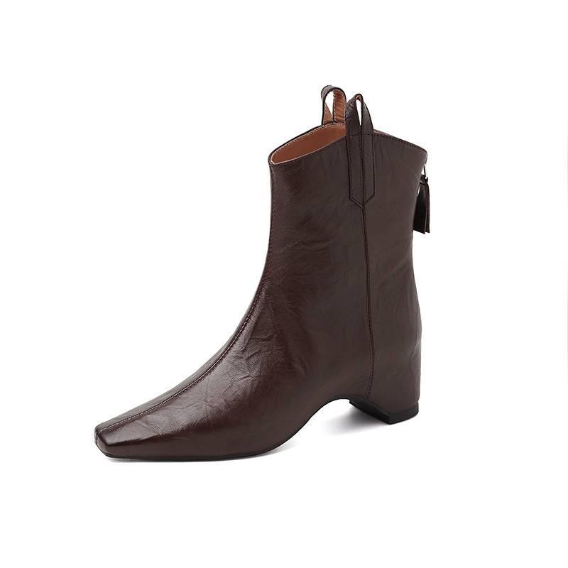 Autumn and winter leather women's leather boots versatile round head medium heel large size women's boots new rear zipper sheepskin low boots women