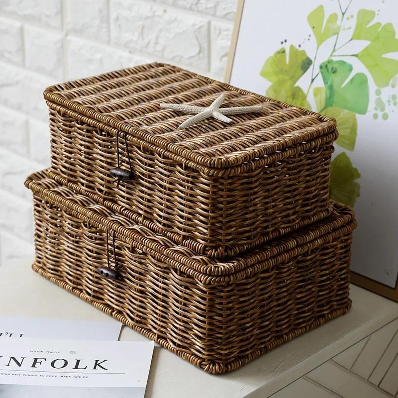 Large Storage Basket Rattan Woven Storage Box with Lid Stackable Sundries  Basket Storage Organizer Toy Container Orgainzation