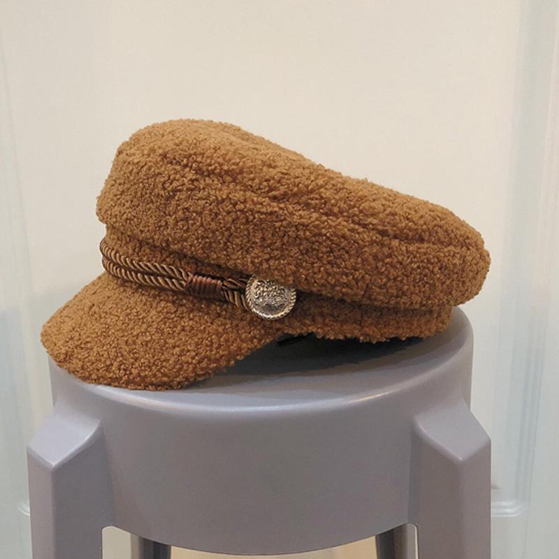 

Шапка темно-синего цвета из овечьей шерсти для женщин, осень-зима, утолщенная, теплая, с плоским верхом, модная, с цепочкой, восьмиугольная шляпа M（56-58cm）